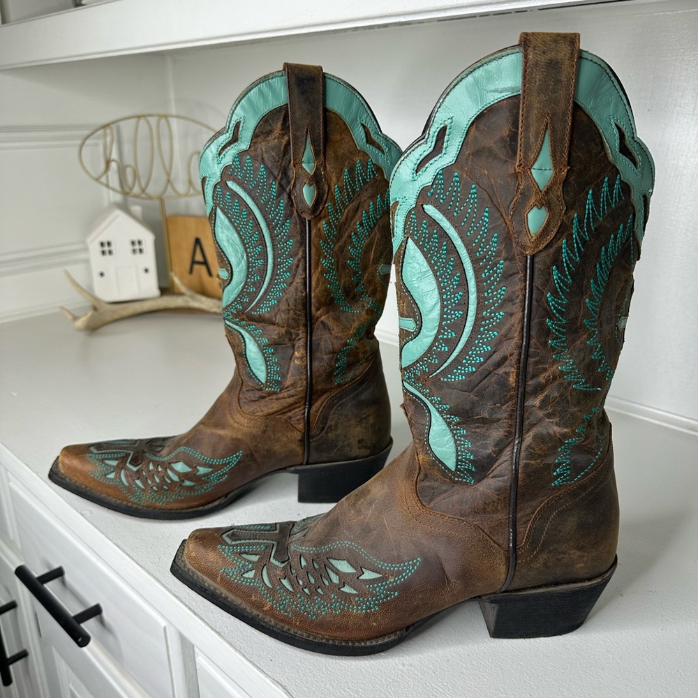 J.B. Dillon Brown and Turquoise Heeled Boots